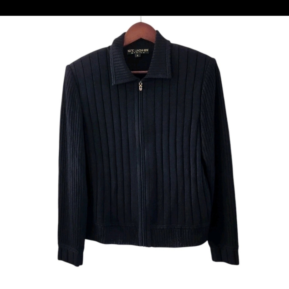 St John Basics Black Santana Knit Ribbed Full Zip Jacket Womens Size 6